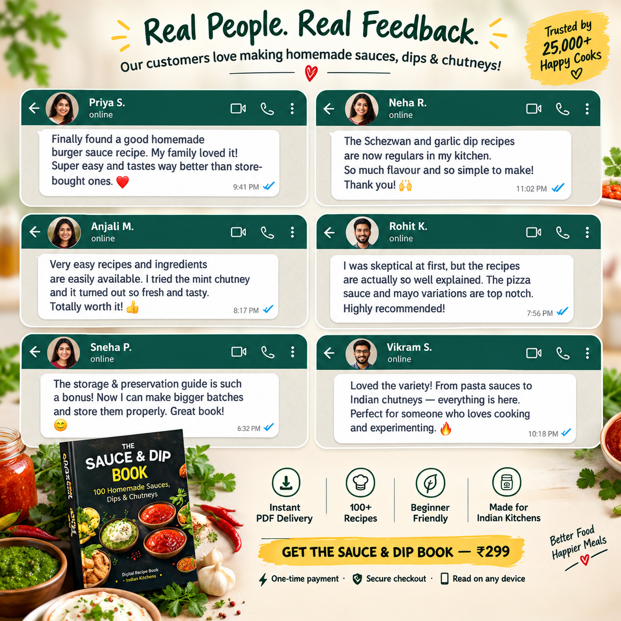 WhatsApp messages from customers sharing feedback about The Sauce & Dip Book