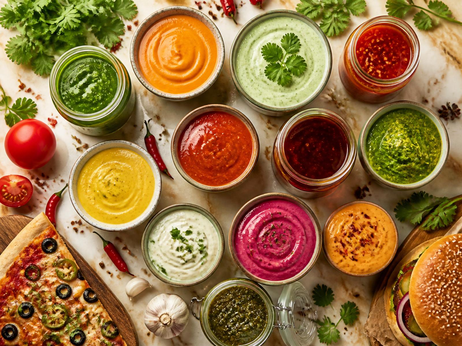 A spread of homemade sauces and dips served with pizza and burgers