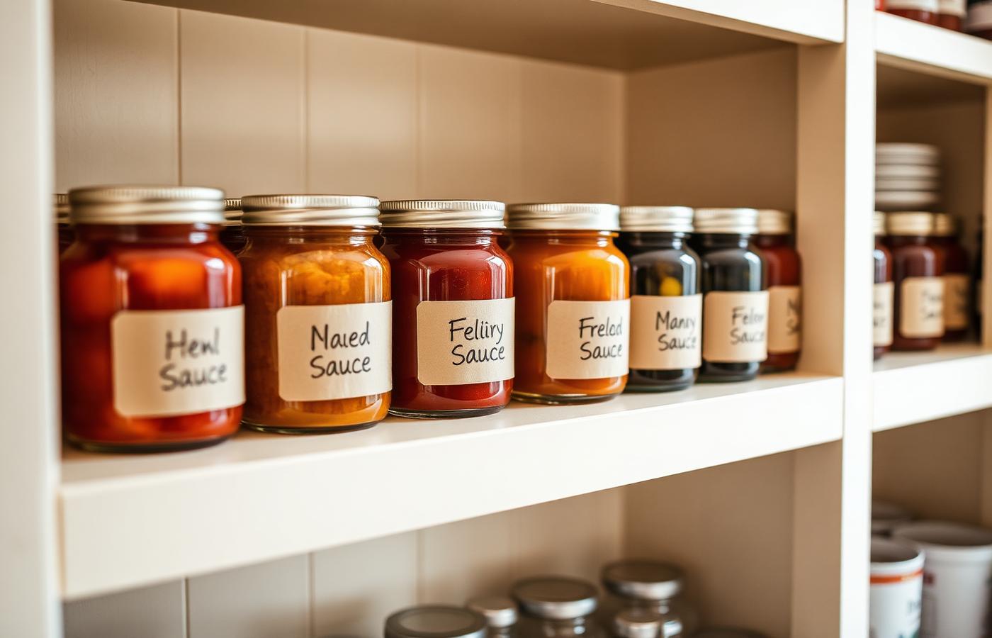 Homemade sauce jars with handwritten labels stored on a kitchen shelf